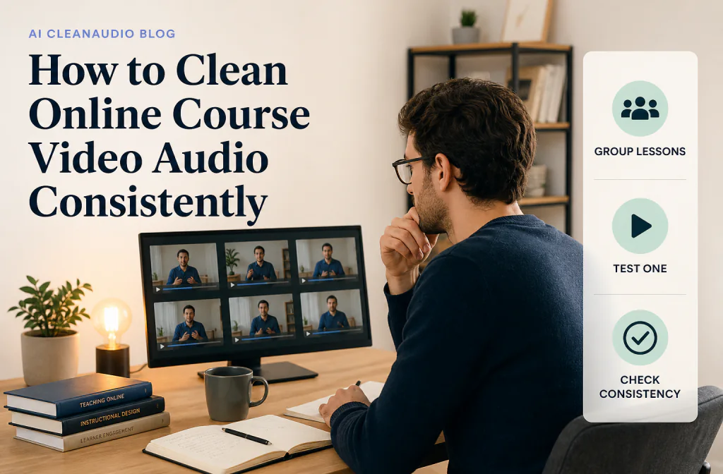 Educator comparing narration quality across several course lessons before publishing