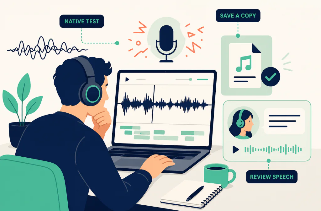 Editorial illustration of an Adobe Express speech-cleanup and export workflow