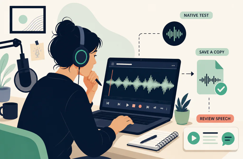 Editorial illustration of a saved-podcast-audio cleanup workflow