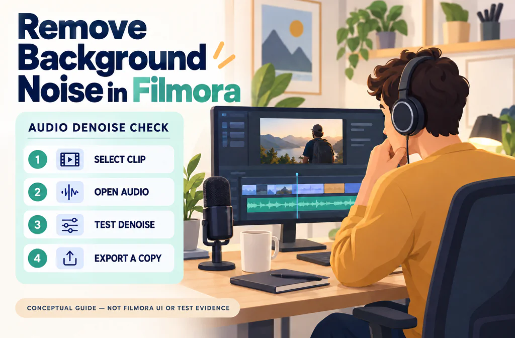 Video editor following a cautious Filmora audio denoise and export-check workflow