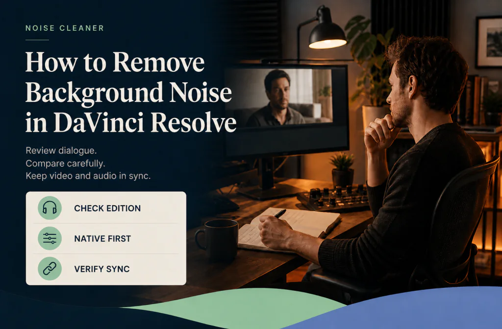DaVinci Resolve editor comparing current native voice cleanup with a verified exported-file fallback