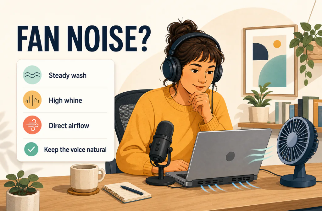 Creator reviewing a voice recording beside a laptop and desk fan while checking for steady wash, high whine, and direct airflow