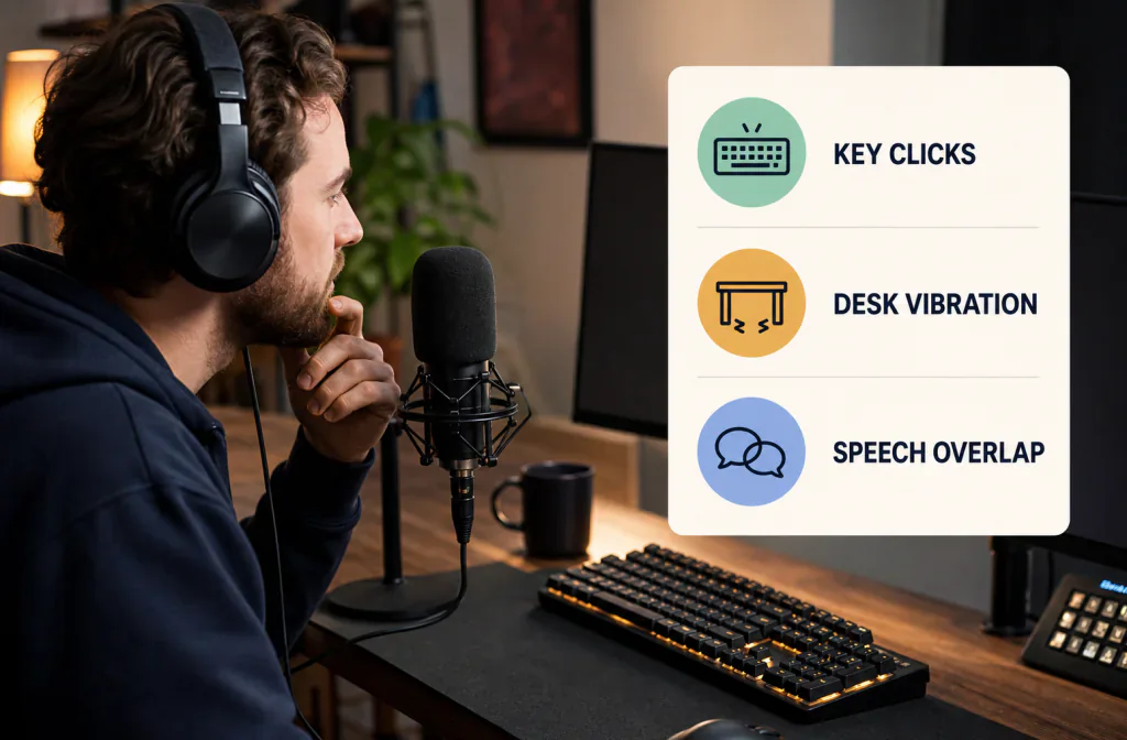 Creator reviewing keyboard noise in a saved voice recording before choosing cleanup, local repair, or re-recording