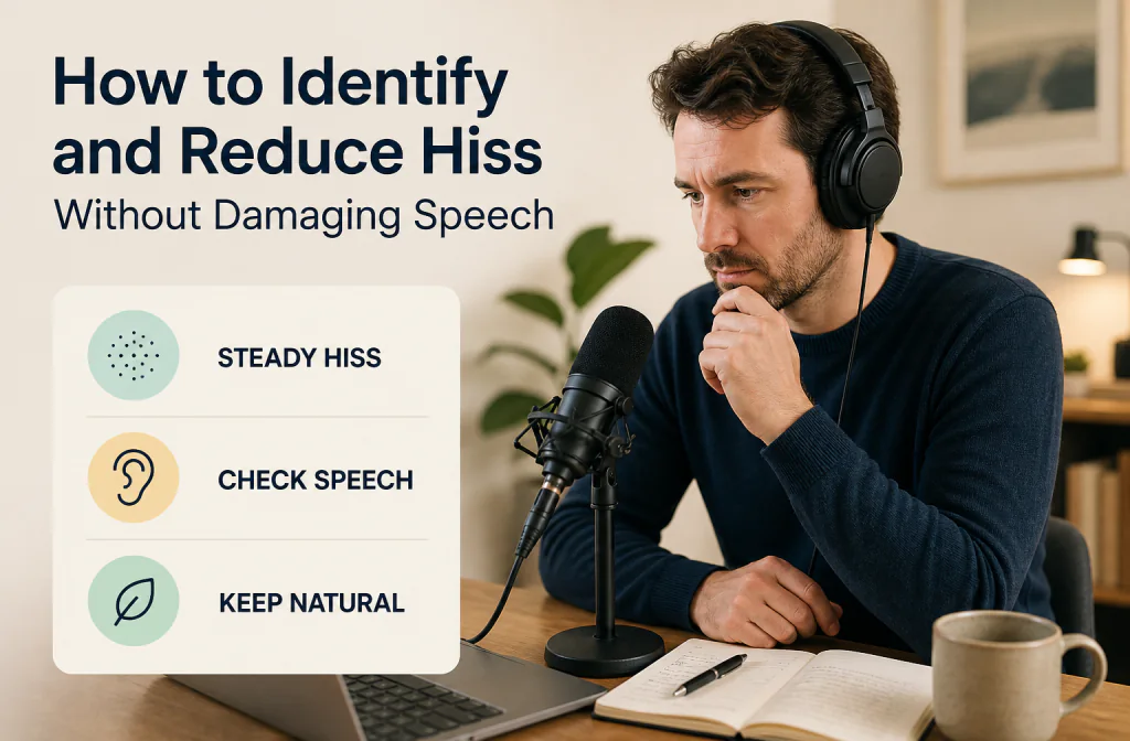 Voice-recording editor distinguishing steady hiss from hum, static, and fan noise