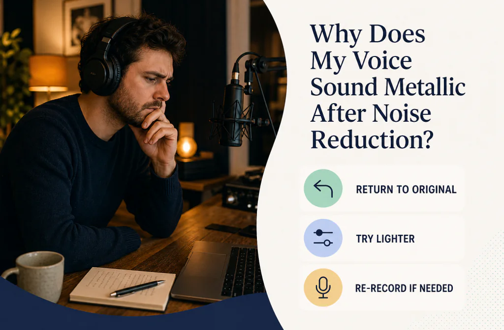 Creator comparing an original voice with a metallic processed version and choosing a safer next step