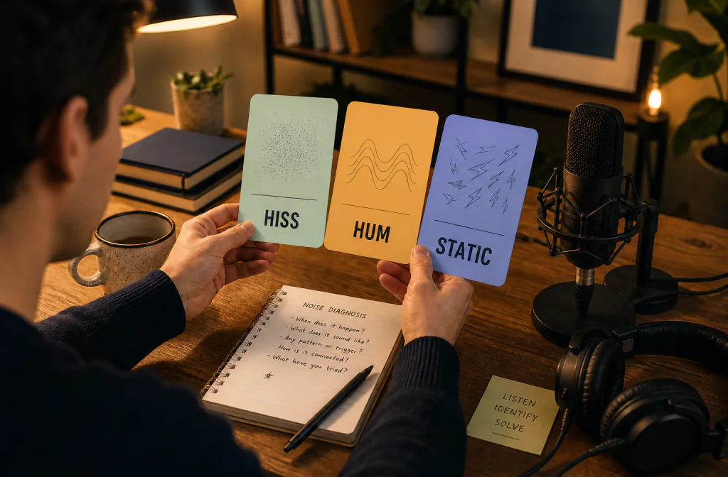Listener comparing hiss, hum, and static in three labeled recording examples