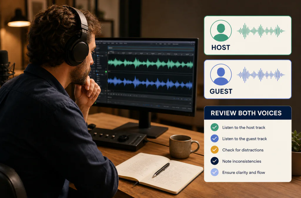 Podcaster reviewing an interview passage for voice balance, noise, and artifacts before publishing