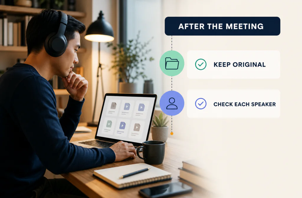 Remote worker reviewing downloaded Zoom recording files before post-meeting cleanup