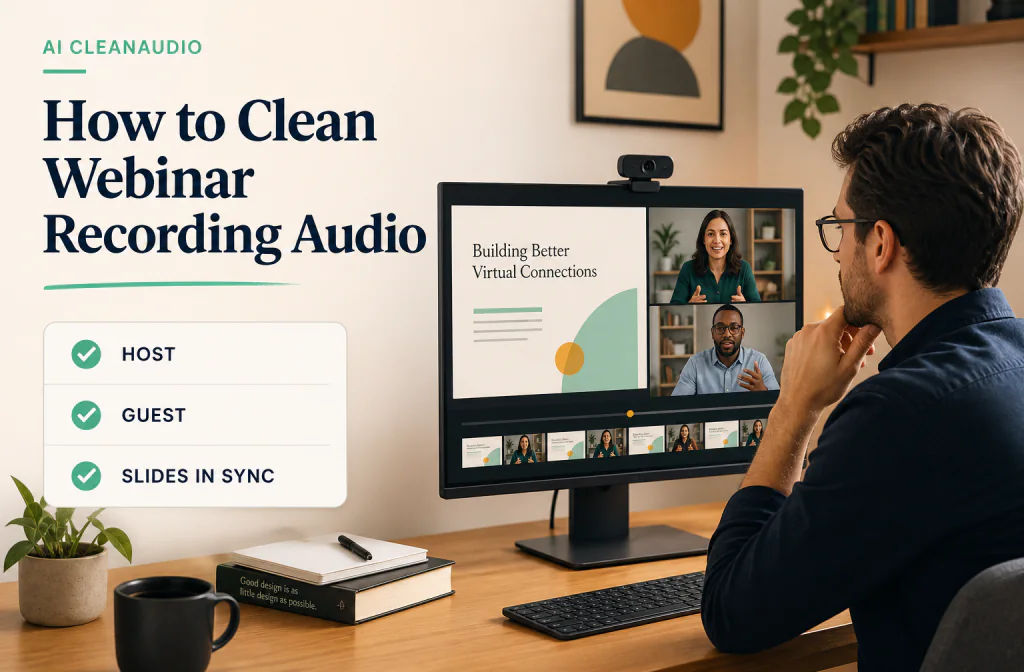 Webinar producer reviewing host, guest, slides, noise, and sync before publishing a replay