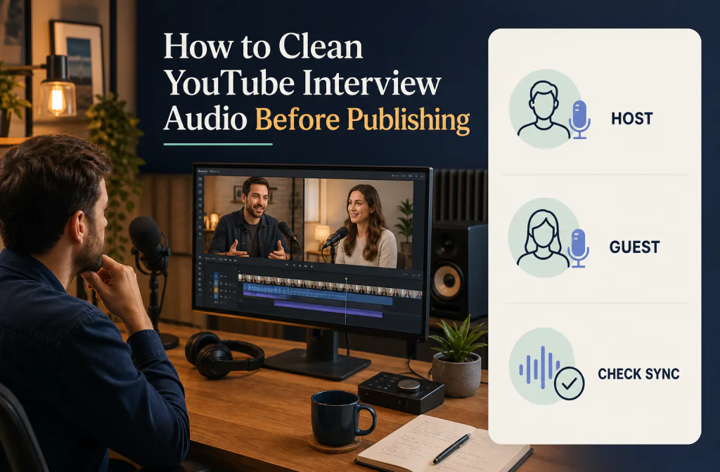 YouTube creator reviewing host and guest dialogue before the main video edit