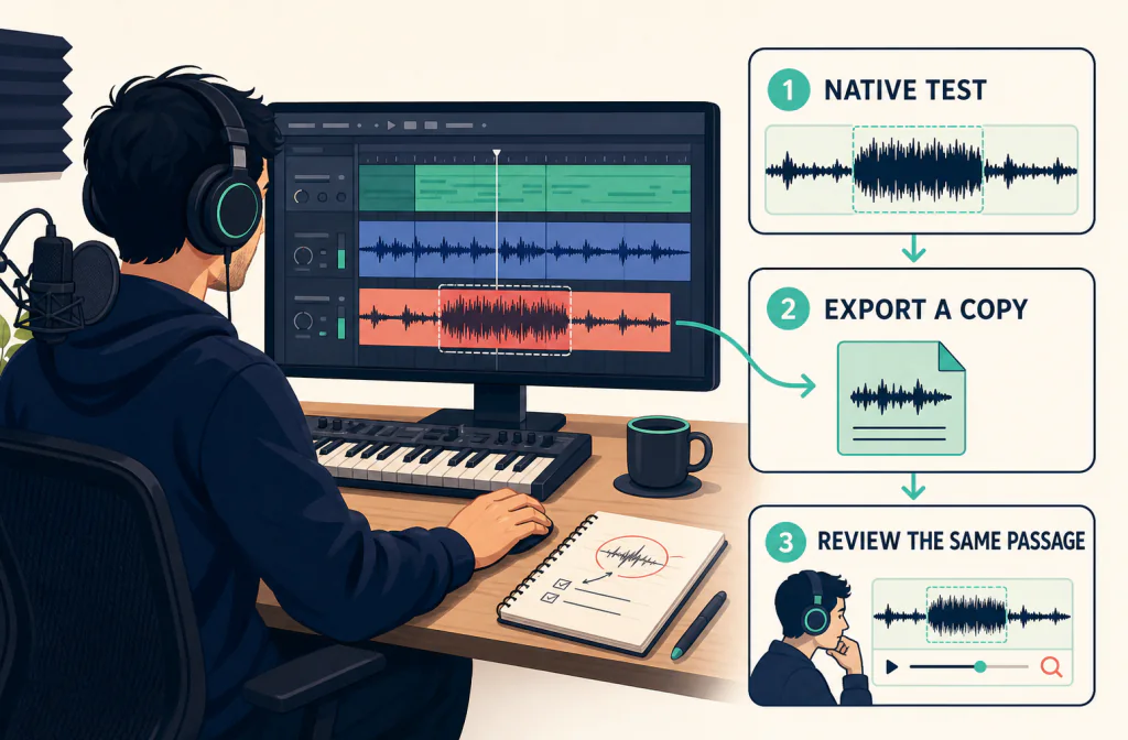 Creator testing a native Ableton Live gate, exporting a copy, and reviewing the same passage