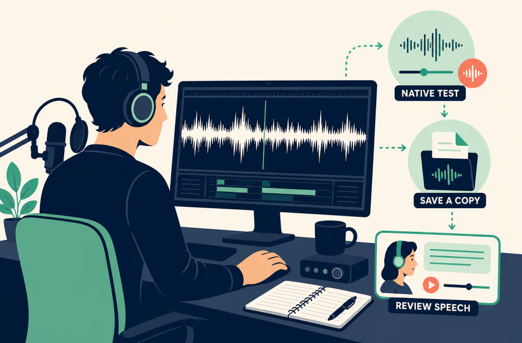 Editorial illustration of an Adobe Audition noise-reduction workflow