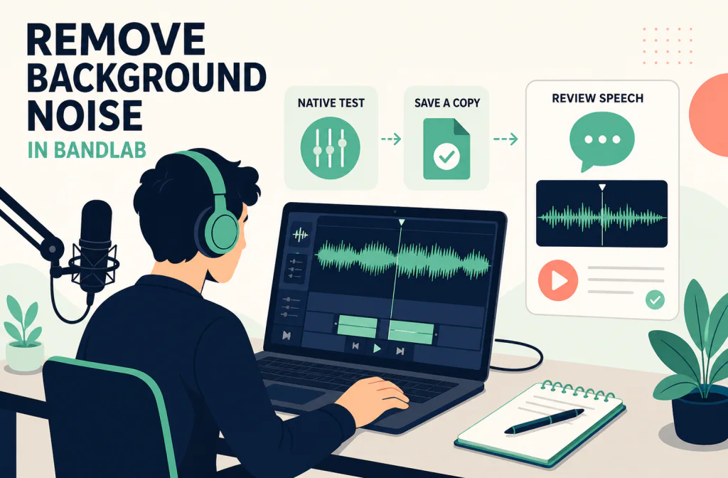 Editorial illustration of a BandLab audio-cleanup decision workflow