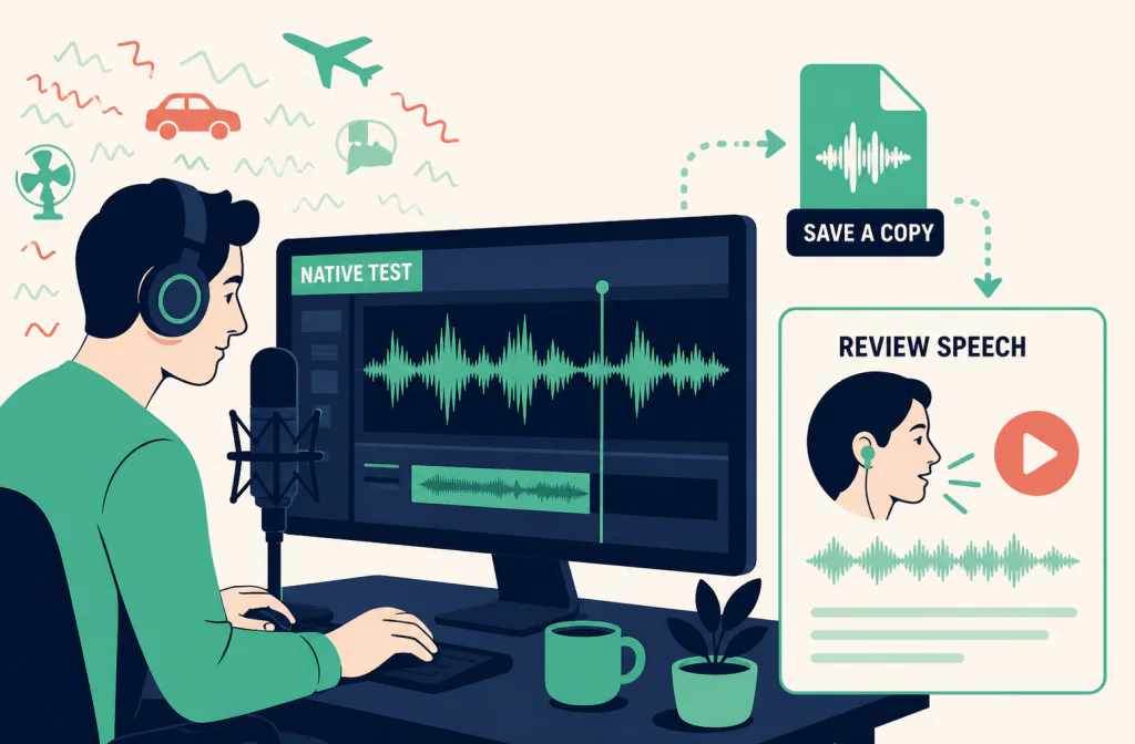Editor testing native noise removal, saving a copy, and reviewing speech from a Camtasia project