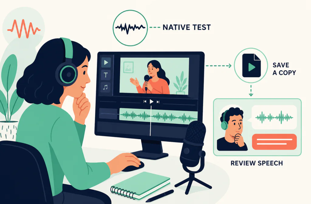 Video editor testing native voice enhancement, saving a copy, and reviewing speech from a Canva project