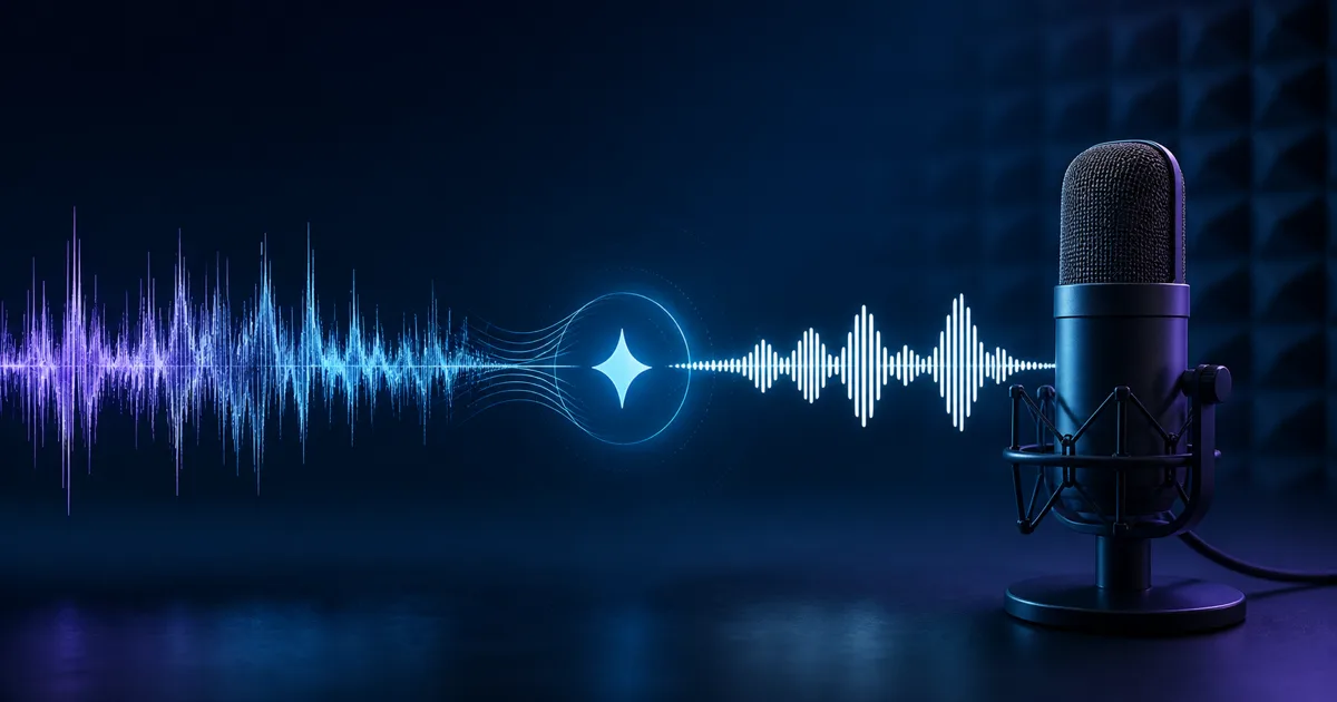 A microphone beside a waveform changing from noisy to clean audio