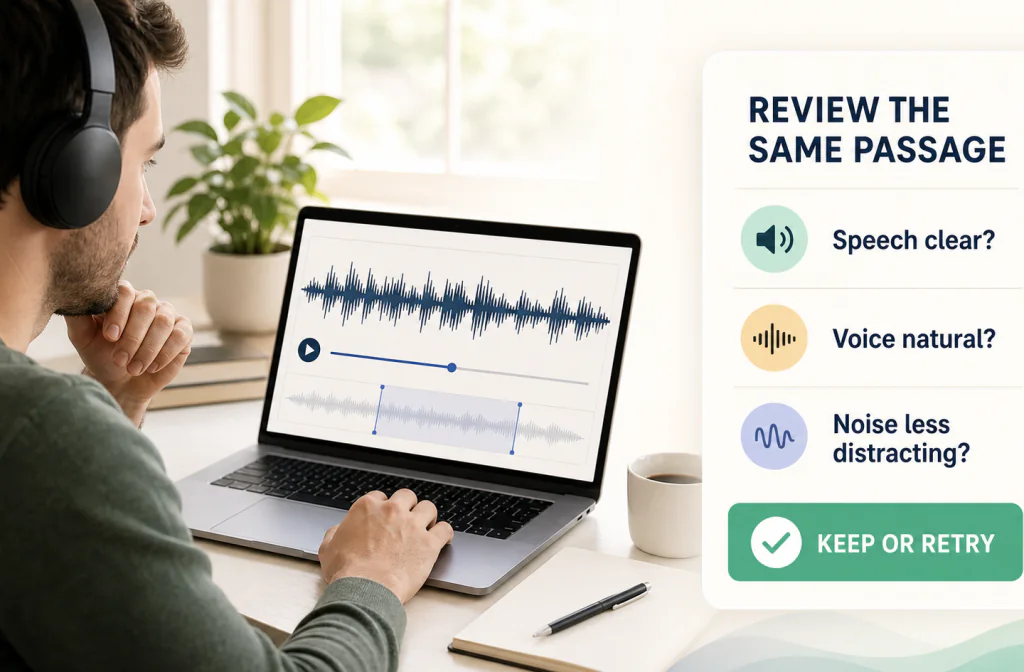 Creator reviewing the same voice-recording passage for speech clarity, voice naturalness, and noise distraction