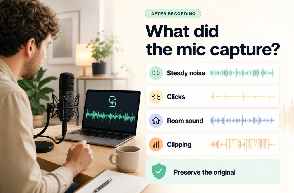 Creator reviewing what a microphone captured after recording, including steady noise, clicks, room sound, and clipping