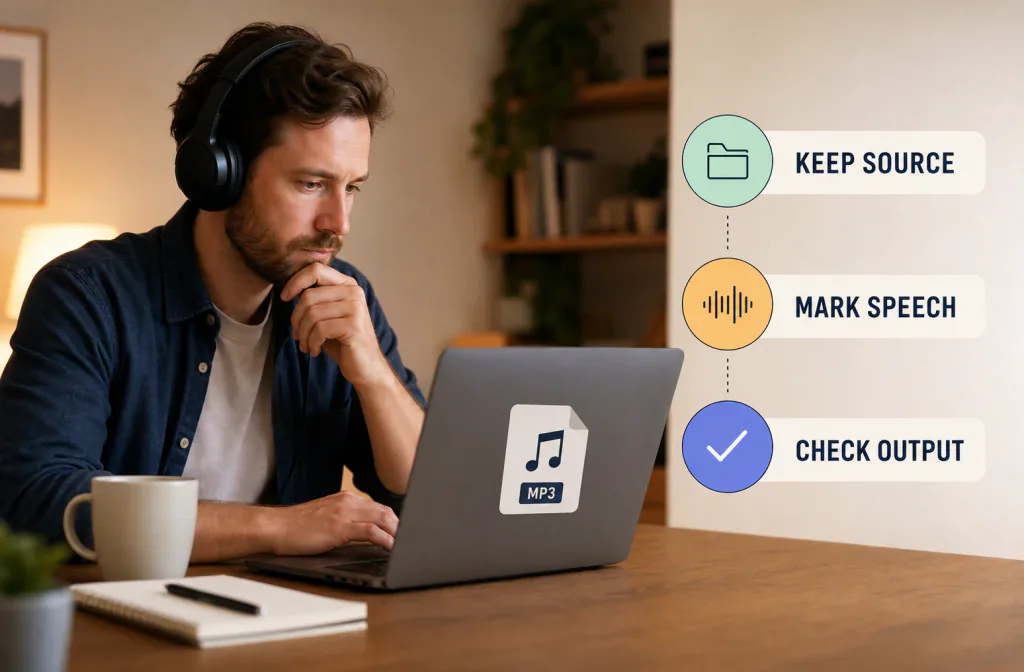 Creator inspecting an MP3 working copy while preserving the original recording