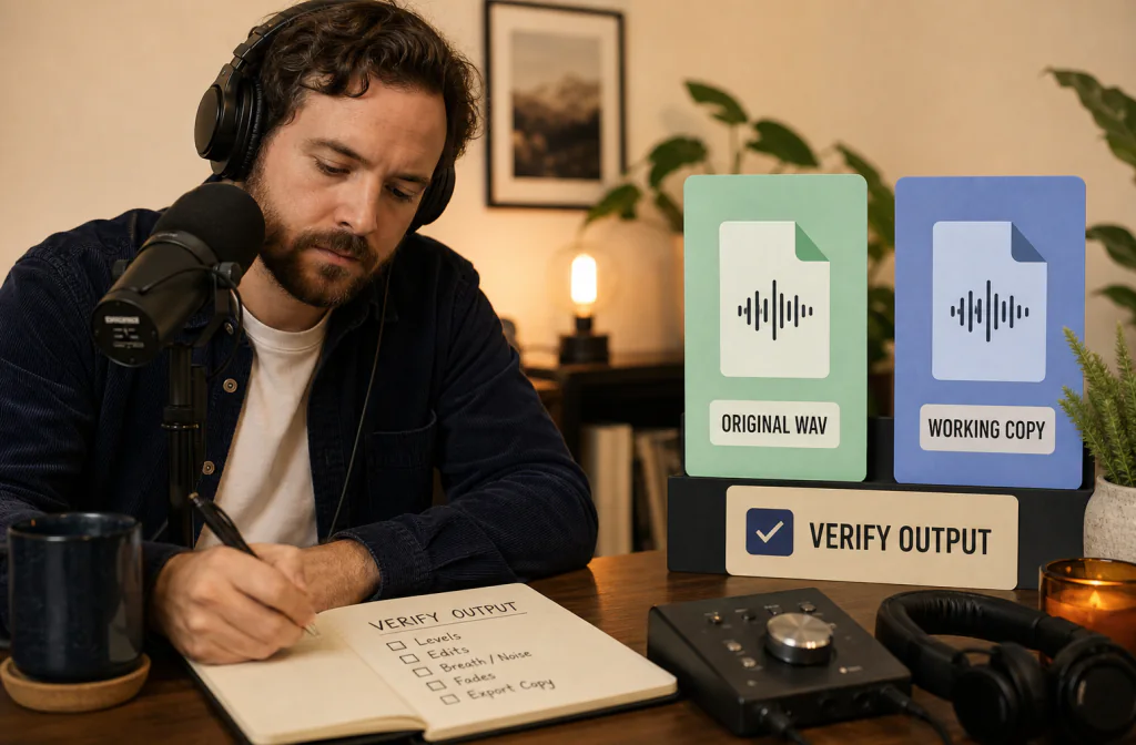 Podcaster preserving an original WAV file before testing audio cleanup