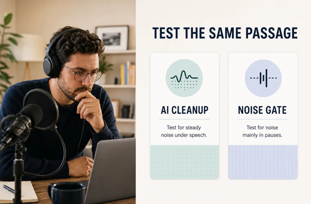 Creator testing AI cleanup and a noise gate on the same saved voice passage