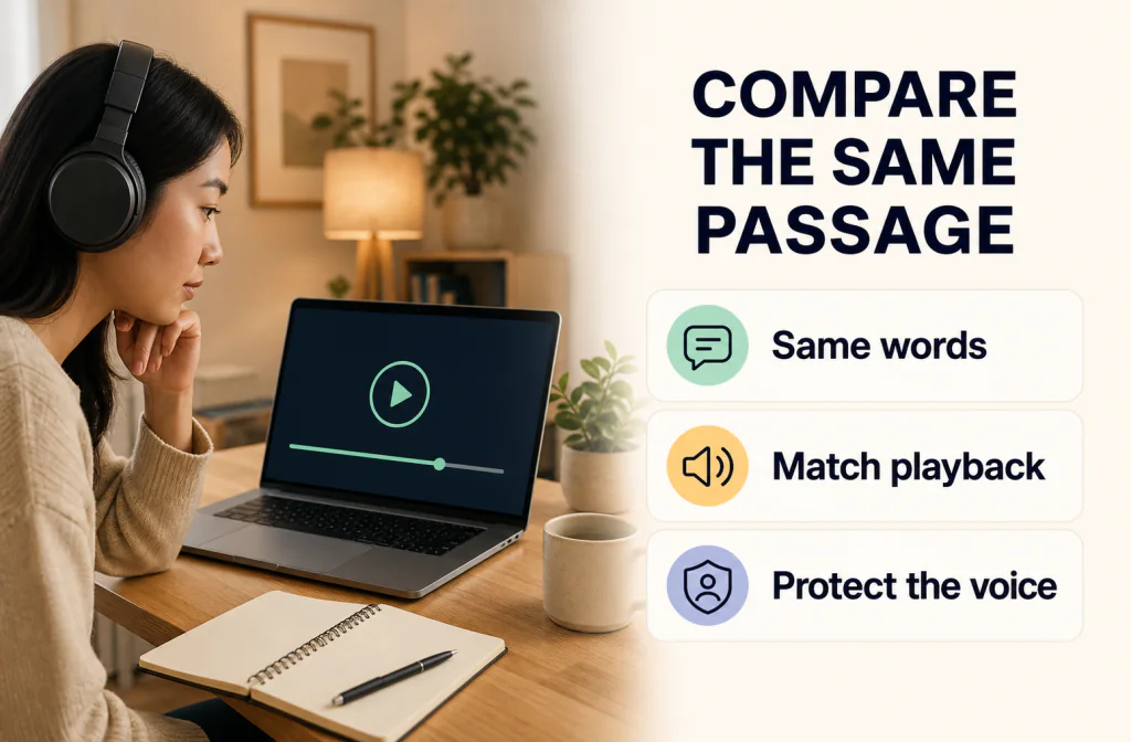 Creator comparing the same recording passage with matched playback while protecting speech quality