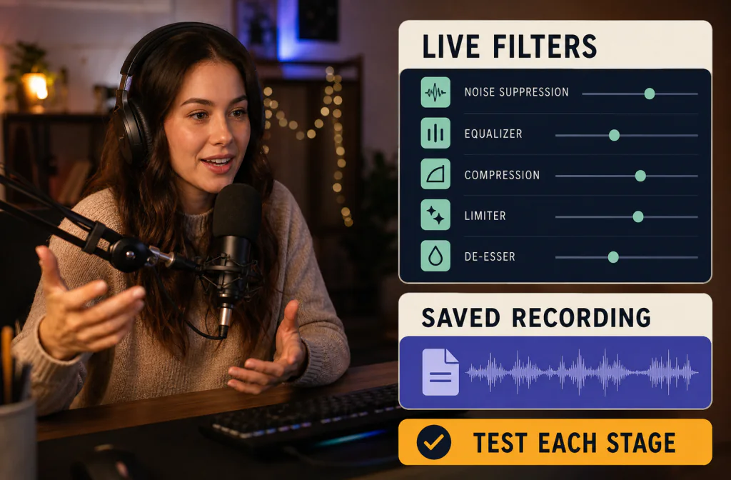 Streamer comparing OBS live microphone filters with a saved-recording cleanup path