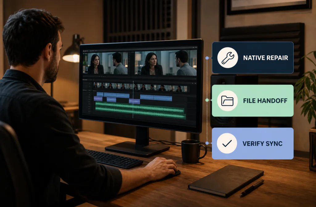 Premiere Pro editor reviewing native dialogue repair and a separate cleanup handoff
