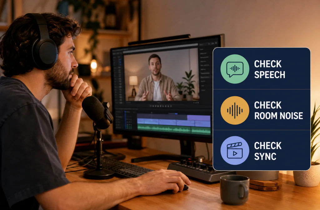 Video creator reviewing a talking-head clip for speech clarity, room noise, and sync