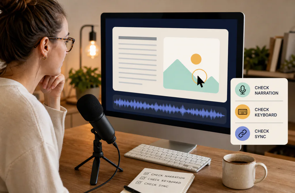 Educator reviewing a screen recording for narration, keyboard noise, fan sound, and sync