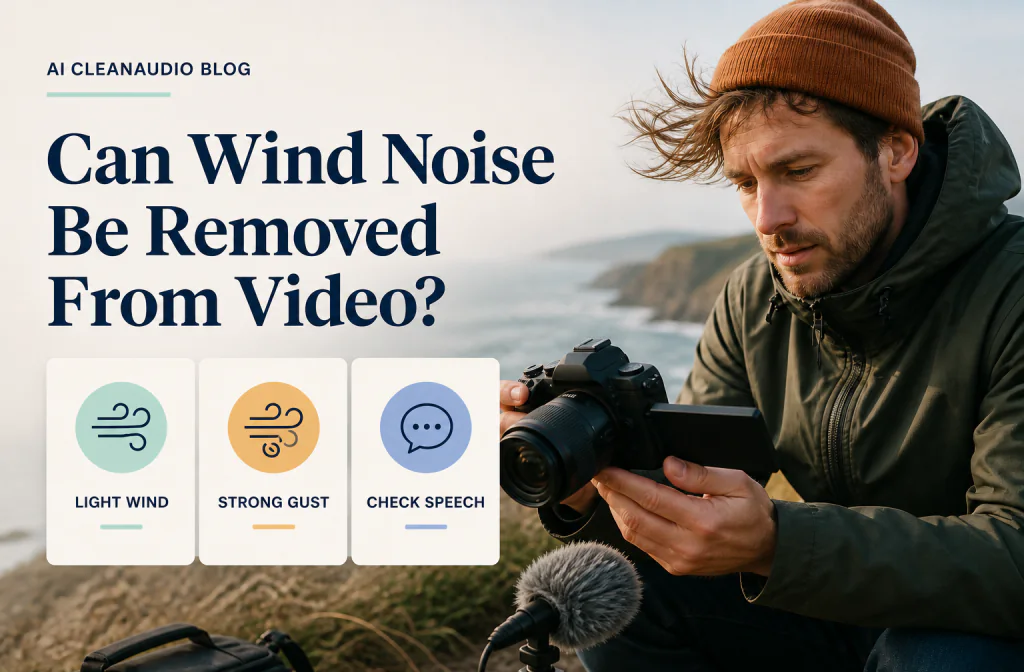 Outdoor creator reviewing speech affected by wind and deciding between cleanup and re-recording