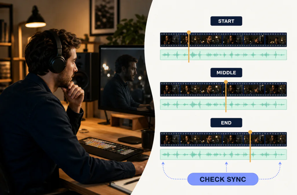Editor comparing a video timeline and cleaned dialogue track at matching sync points
