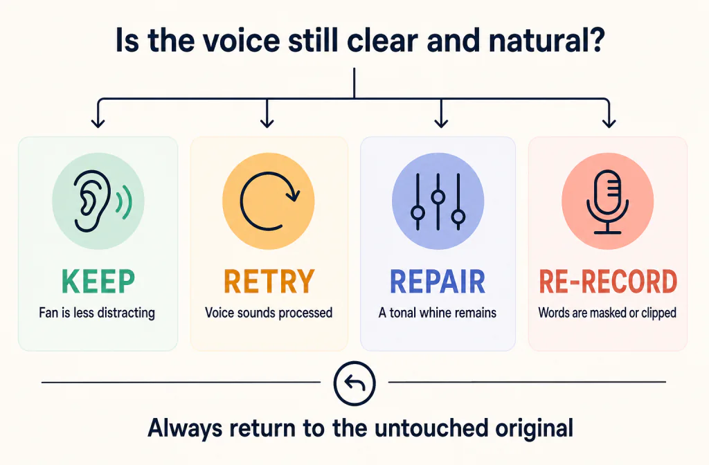 Decision guide for keeping, retrying, manually repairing, or re-recording a fan-noise voice recording