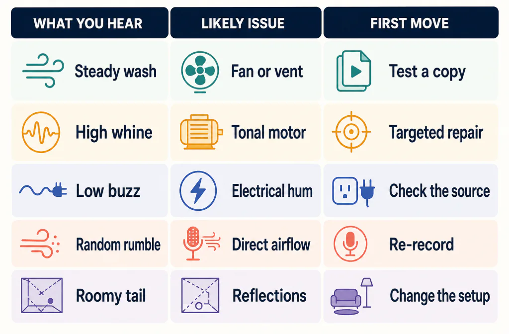 Diagnostic table mapping steady wash, high whine, low buzz, random rumble, and room reflections to the safest first action