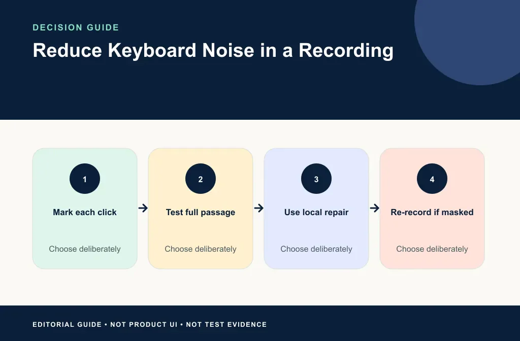 Editorial decision path for keeping a cleaned track, repairing isolated clicks, returning to the source, or re-recording