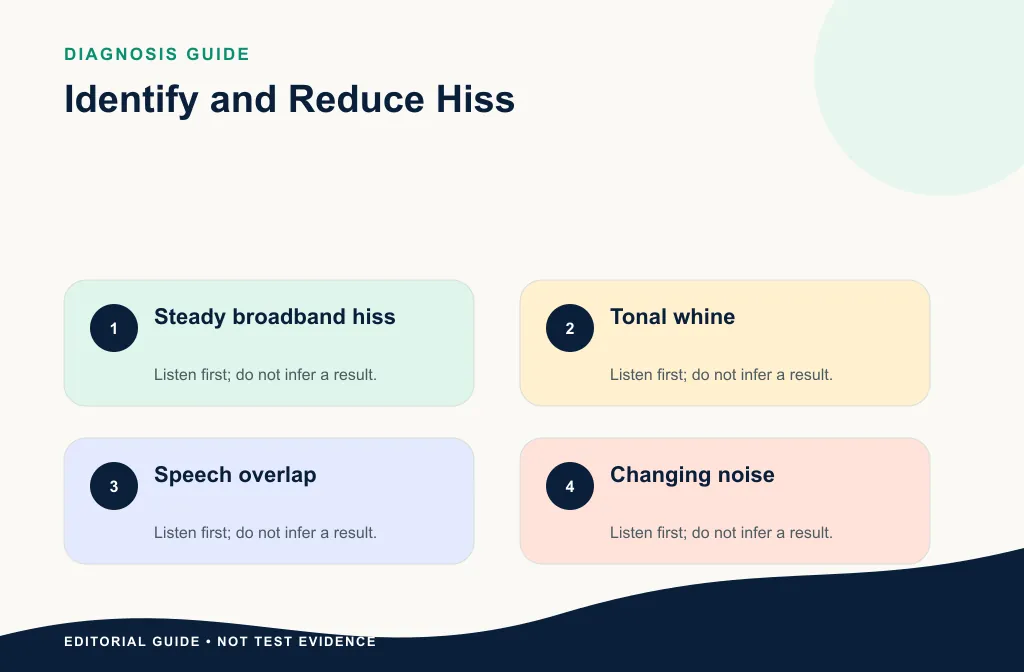 Symptom guide comparing hiss, hum, static, fan wash, and clipping without fake measurements