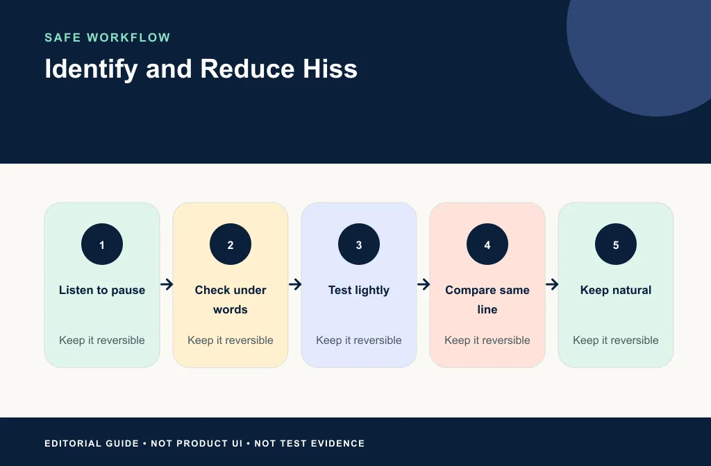 Hiss-reduction workflow from diagnosis through matched listening and keep-or-return decision