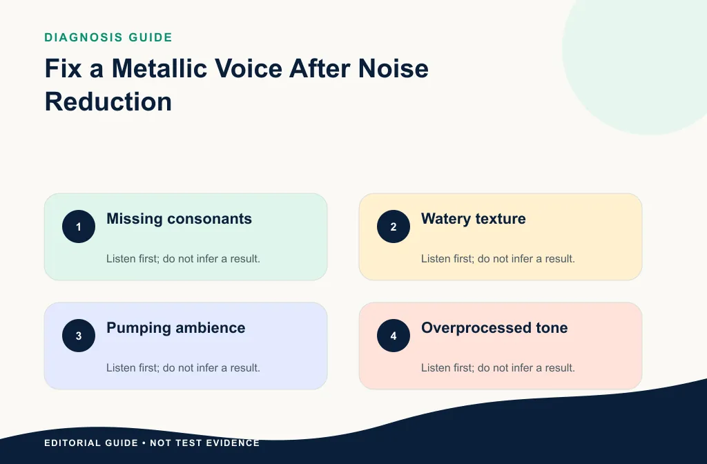 Artifact diagnosis guide comparing metallic tone, pumping, gating, clipping, and dull speech