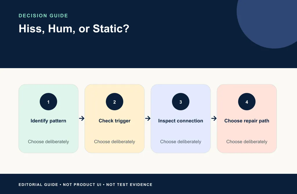 Decision path from hearing the symptom to hardware check, local repair, cleanup test, or re-recording