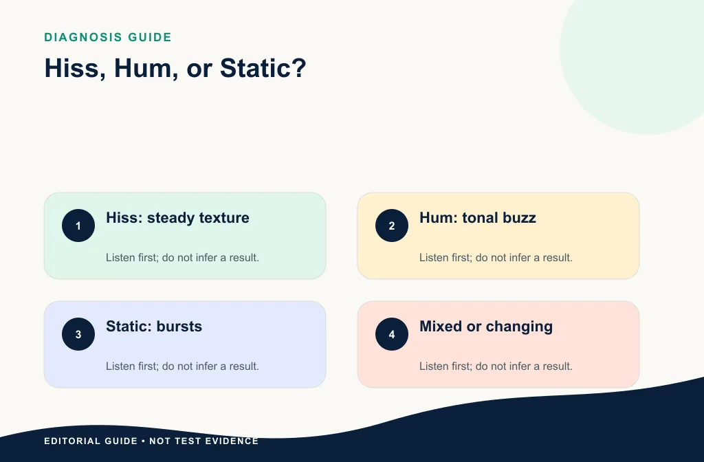 Three-way diagnosis graphic for hiss, hum, static, fan noise, and clipping