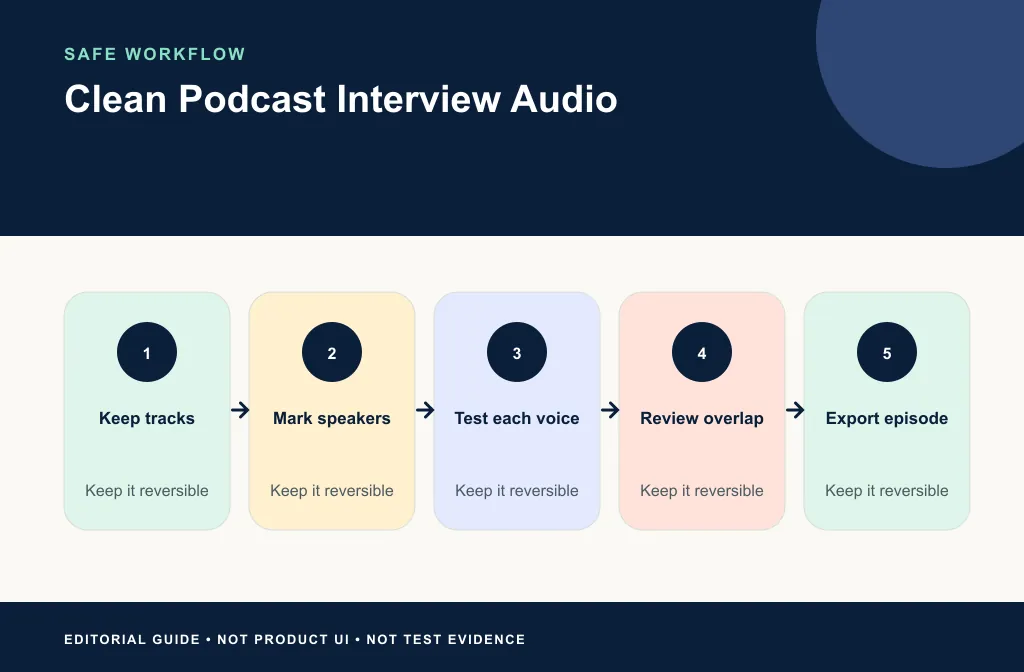 Podcast workflow from raw tracks through matched cleanup review and final editorial handoff