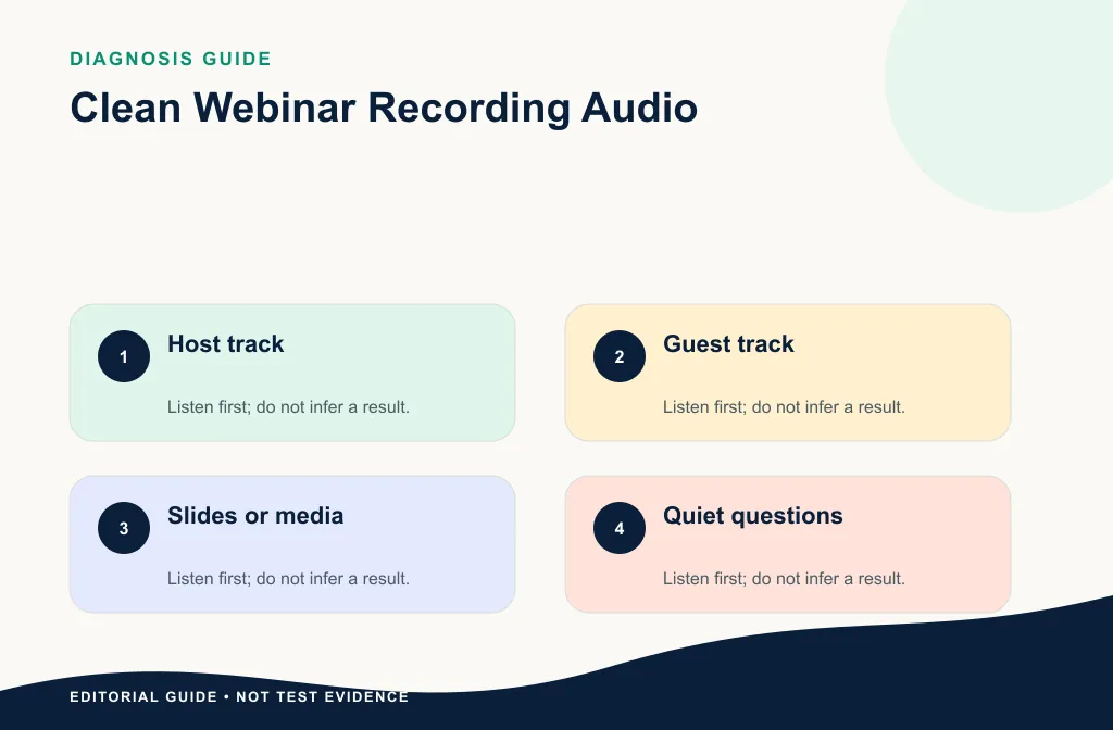 Webinar preflight showing host, guest, slides, captions, source files, and review passages
