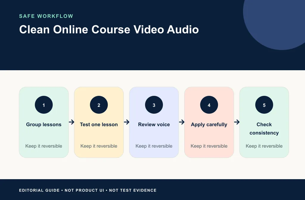 Course workflow from lesson grouping through cleanup test, sync check, and cross-lesson comparison
