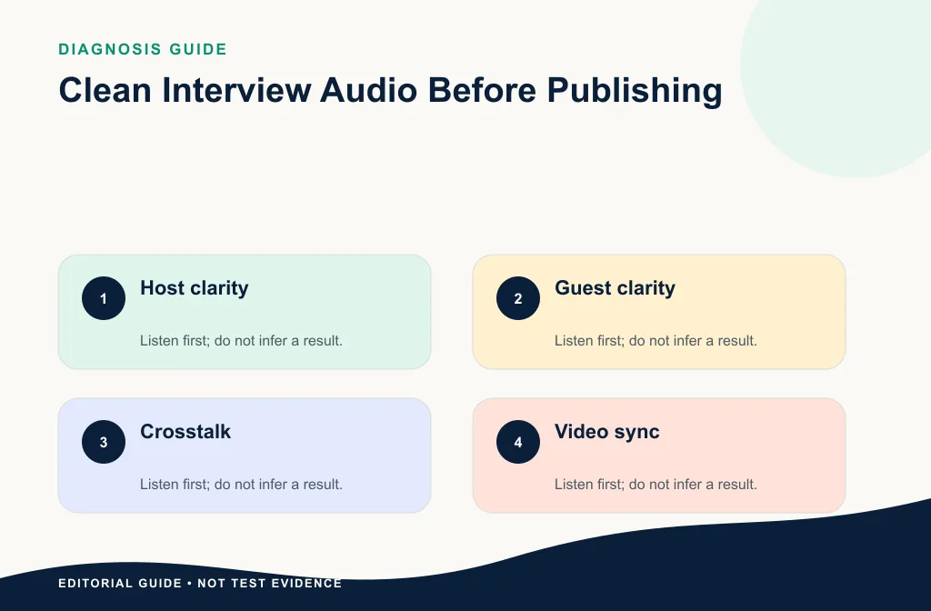 Interview preflight showing host, guest, camera, backup track, noise, and sync references