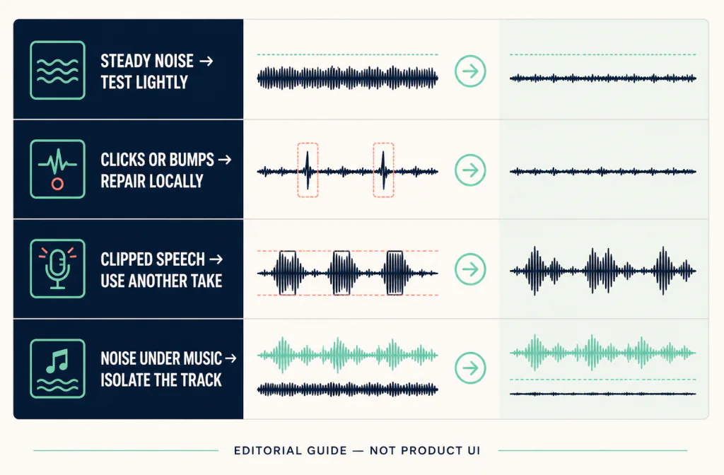 Editorial decision guide matching steady noise, clicks, clipping, and noise under music to safer first actions