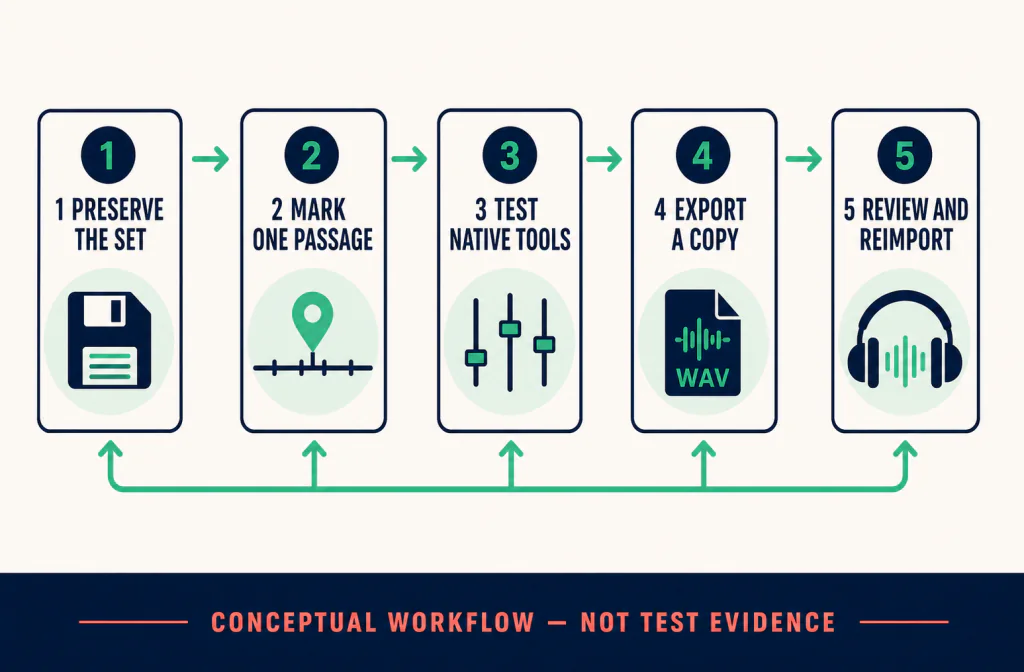 Five-step workflow to preserve an Ableton Live Set, mark a passage, test native tools, export a copy, and review the reimport