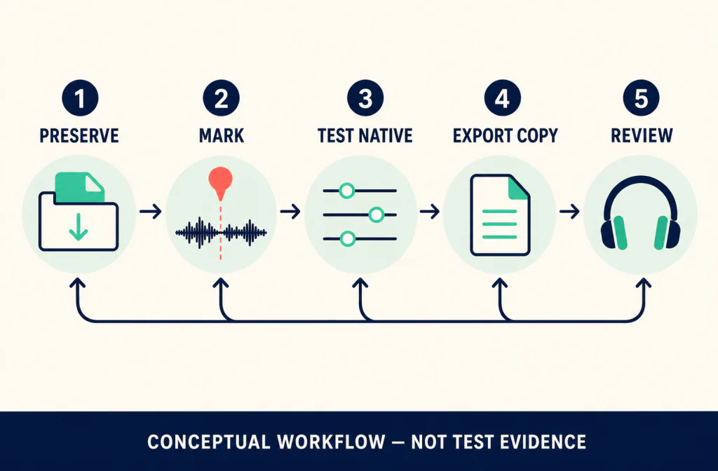 Editorial workflow illustration for Audition export, independent review, and reimport