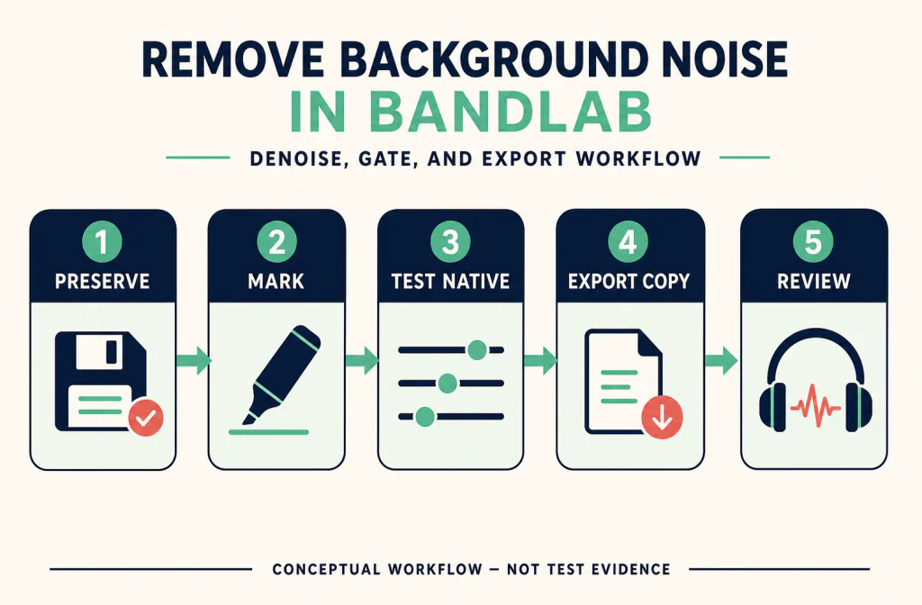 Editorial workflow illustration for BandLab export, saved-file comparison, and reimport