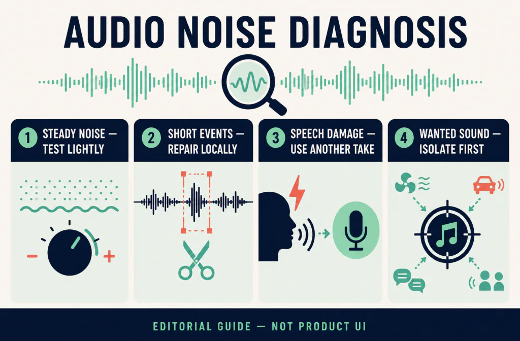 Editorial diagnosis guide matching hiss, hum, clicks, clipping, and noise under speech to cautious first actions