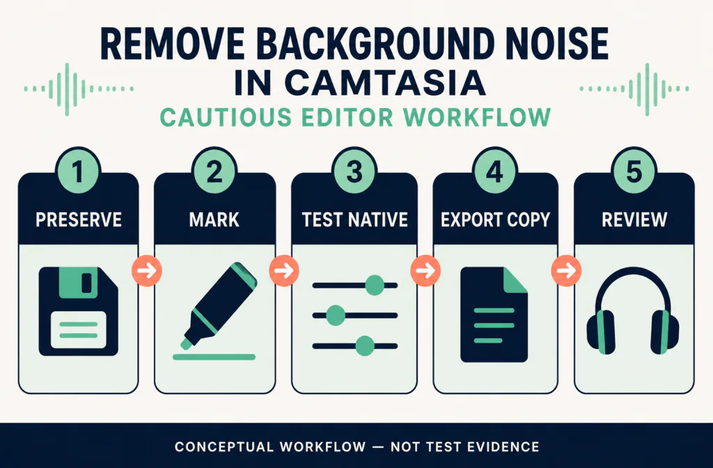 Five-step cautious editor workflow to save a copy, mark a passage, test native processing, export, and review